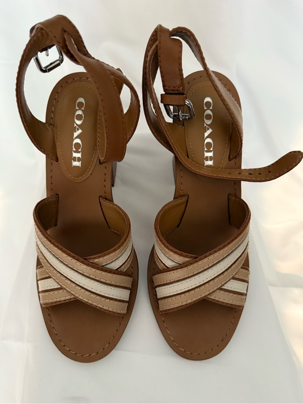COACH Brown and Cream Leather Strappy Heeled Sandals